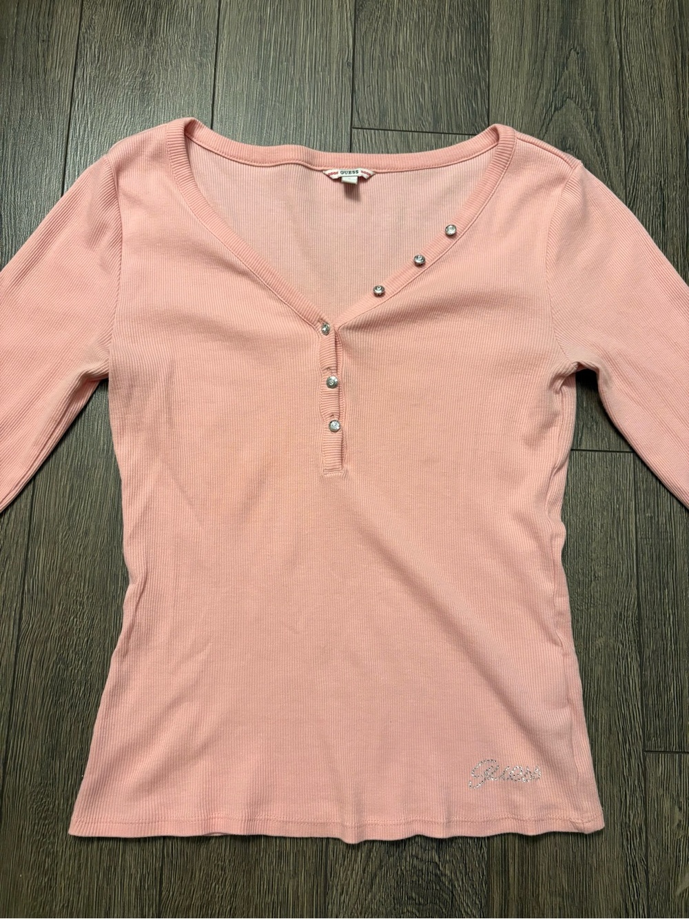 Ribbed V-Neck Embellished Button Long Sleeve Top